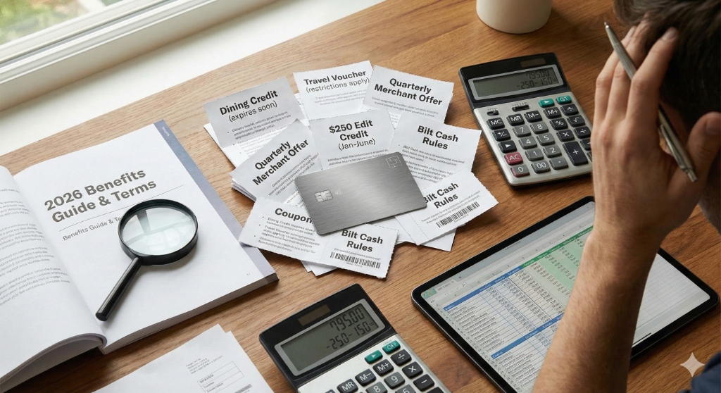 The 2026 premium credit card experience: a desk covered in credit rules, coupons, and calculators