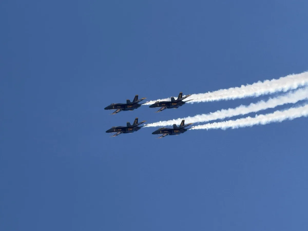 US Navy Blue Angels flying in formation over Seattle during Seafair