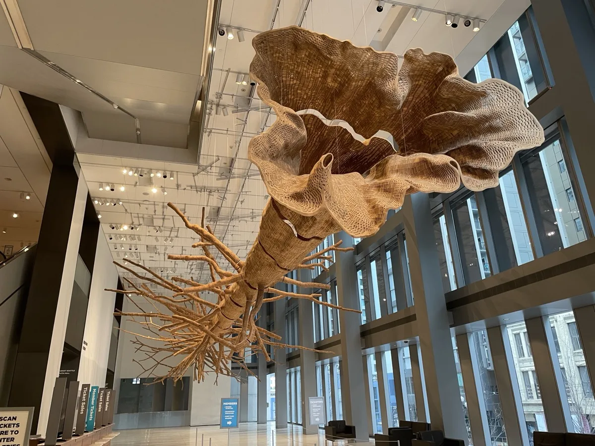 Hanging woven sculpture in the Seattle Art Museum lobby