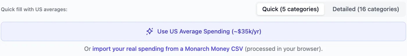 The Quick and Detailed category toggle above a button that fills in US average spending