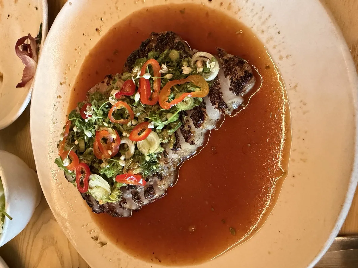 Olsen Farms pork rib chop with tamarind, jaew and chilies