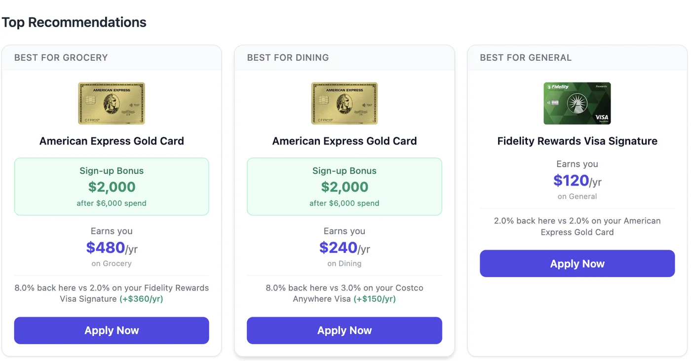 Top recommendations showing the best card for grocery, dining and general spending with annual earnings for each