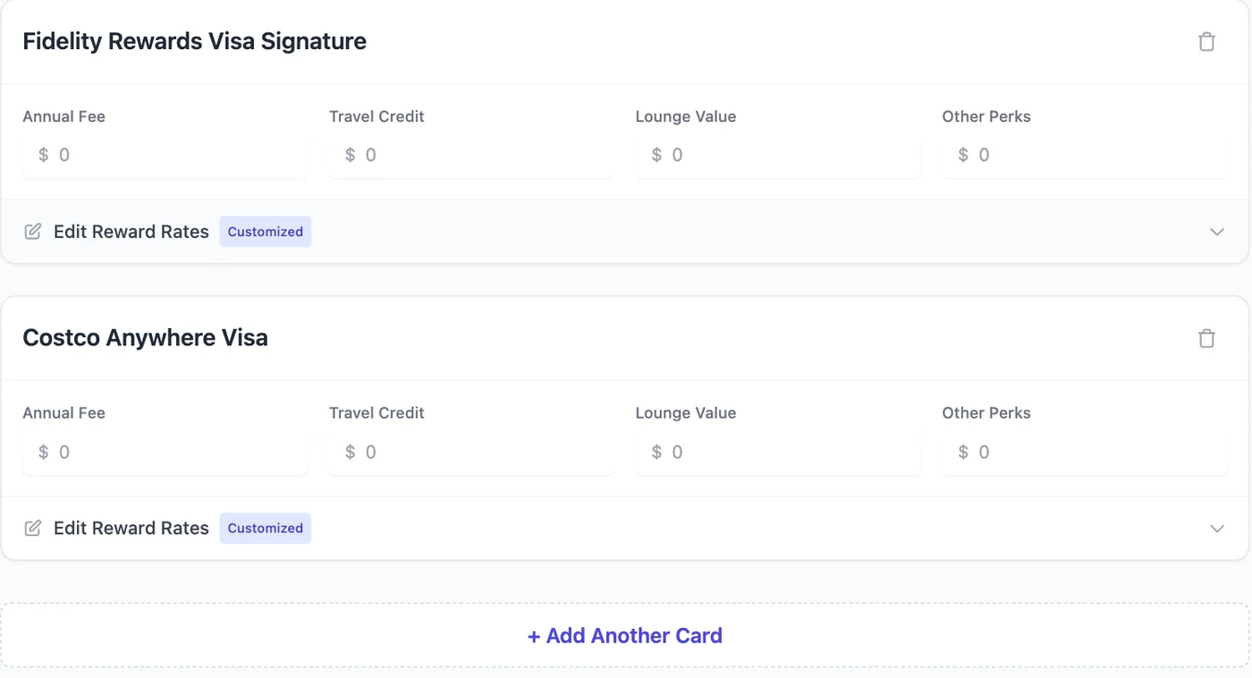 Wallet cards listed with editable annual fee, travel credit, lounge value and other perks fields