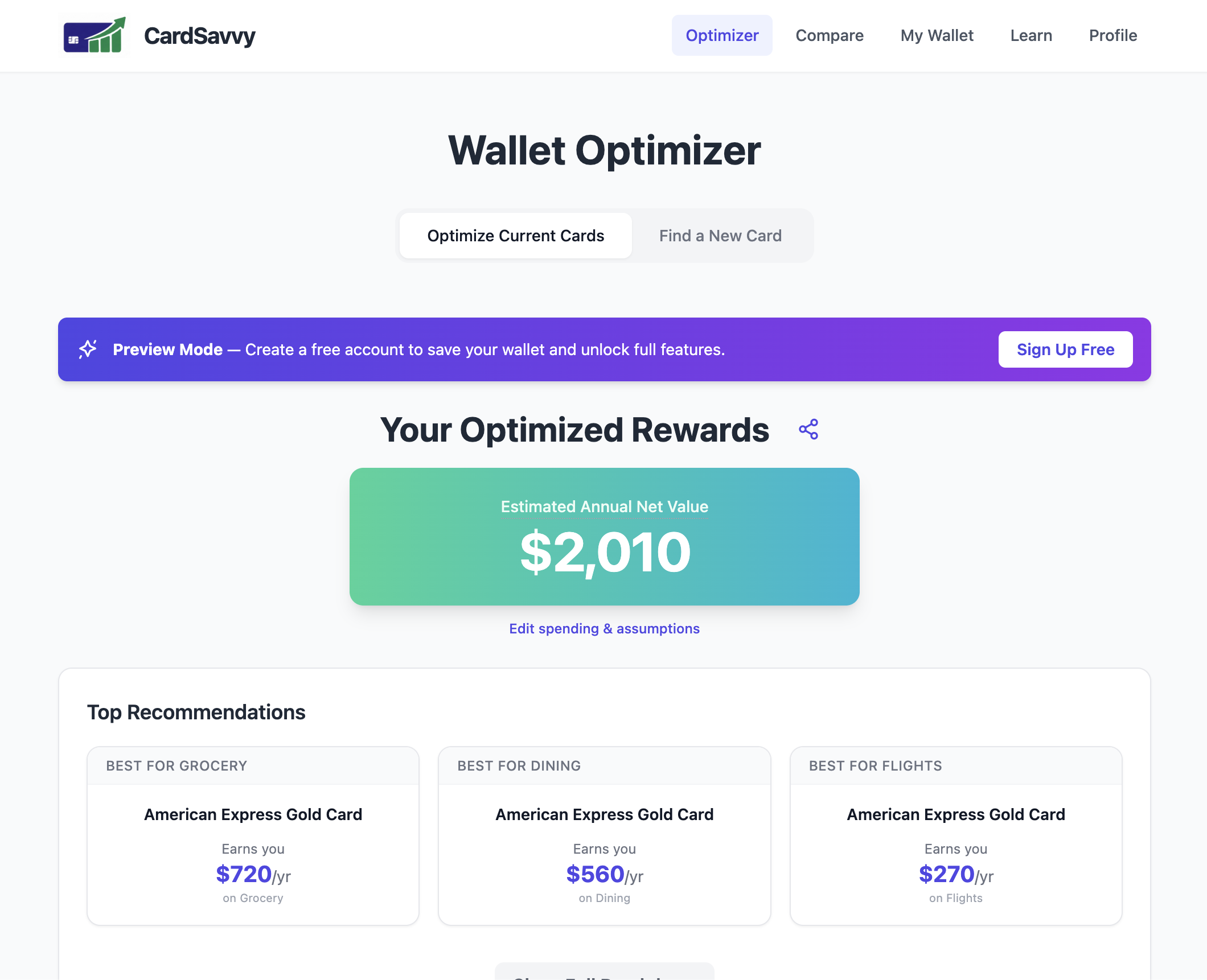 CardSavvy optimizer showing $2,010 annual rewards value